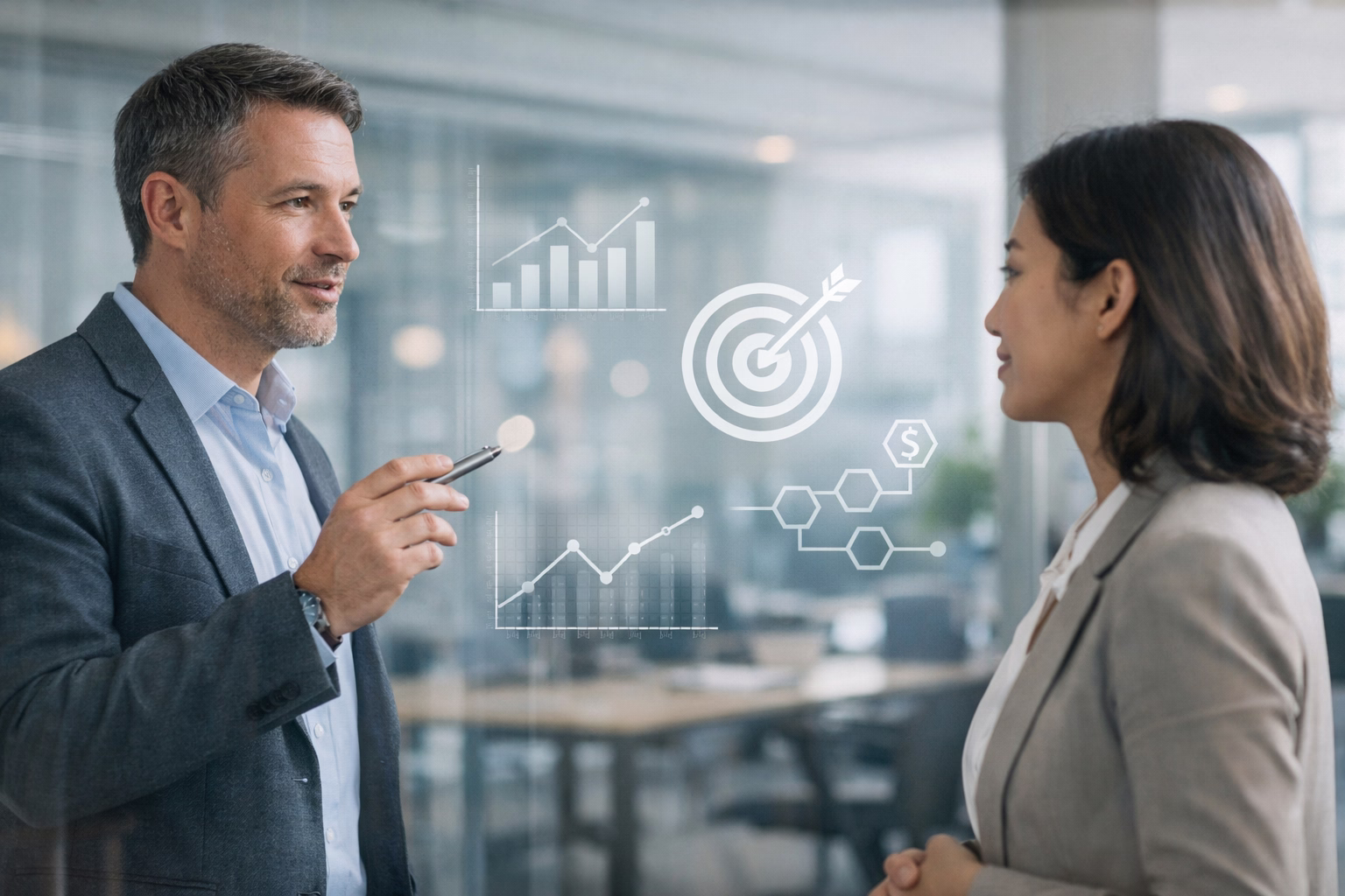 Two knowledge workers engaged in conversation.