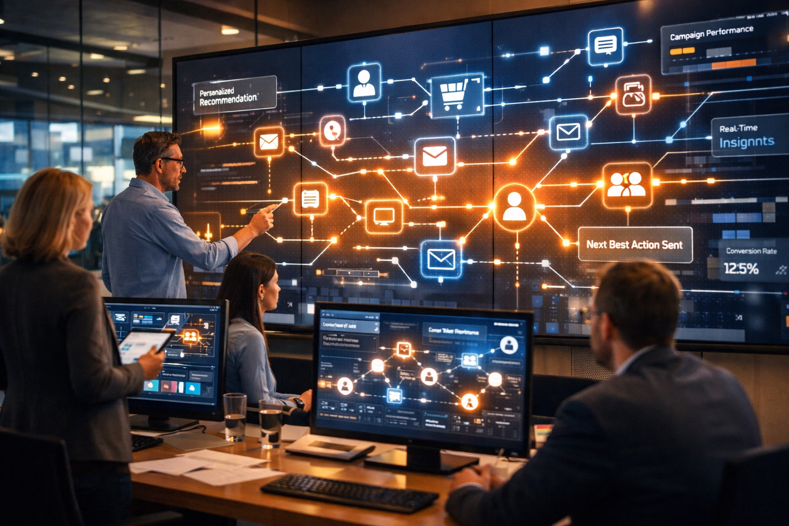 A modern marketing operations center where professionals analyze a dynamic dashboard showing real‑time customer interactions and decision flows