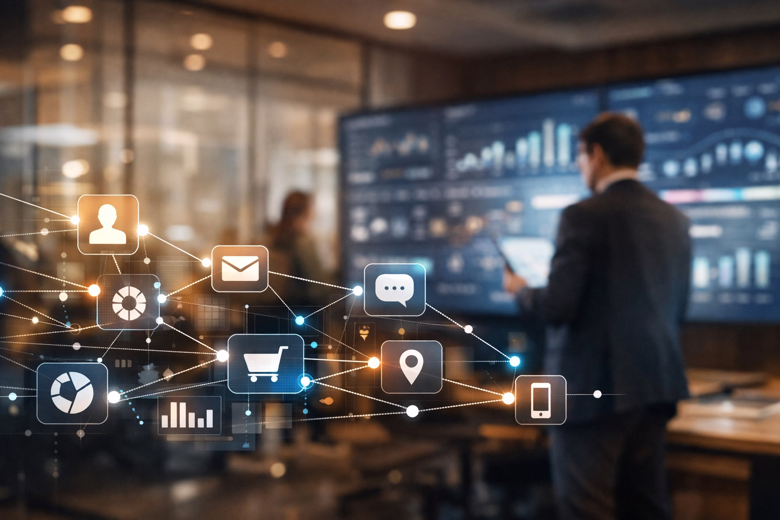 A modern, high‑tech office where professionals review a digital display filled with flowing data signals and a smooth learning curve.