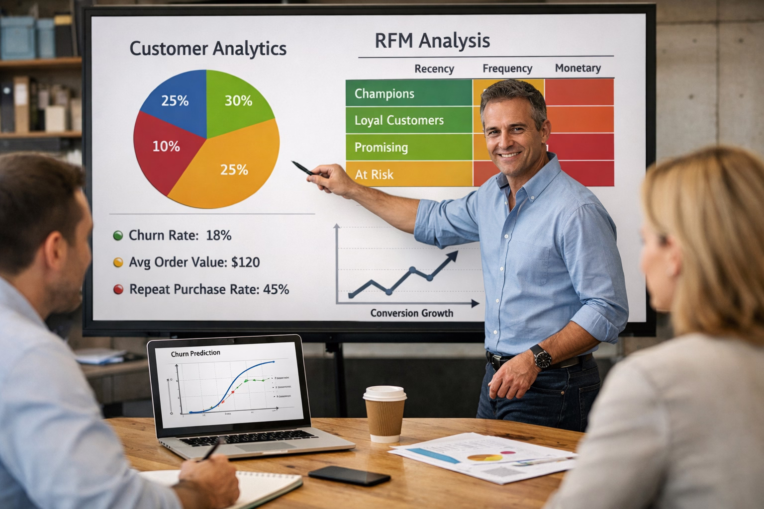 Two knowledge workers review a b test results.