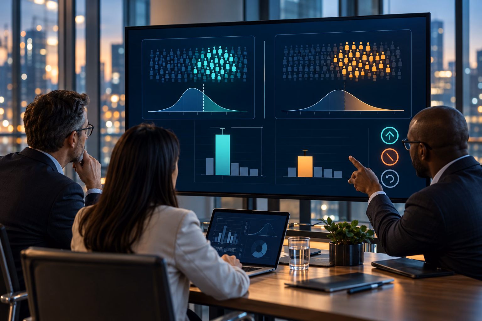Business leaders compare response distributions and campaign results on an analytics display.